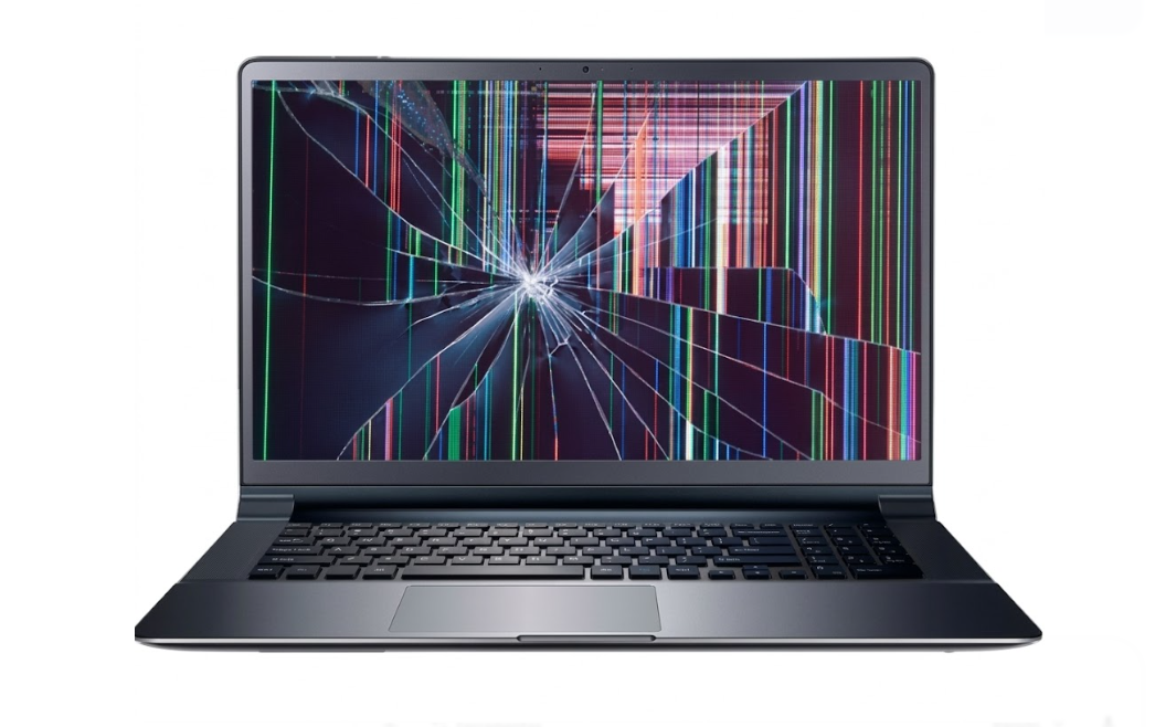 Tela de notebook Dell quebrada em Goiânia — trincada por queda, com fissuras e cores estouradas